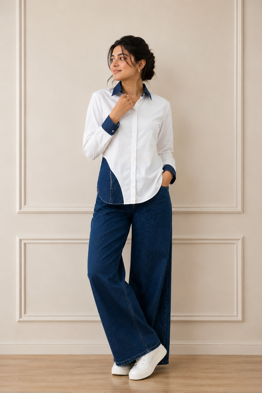DENIM DETAIL WHITE SHIRT