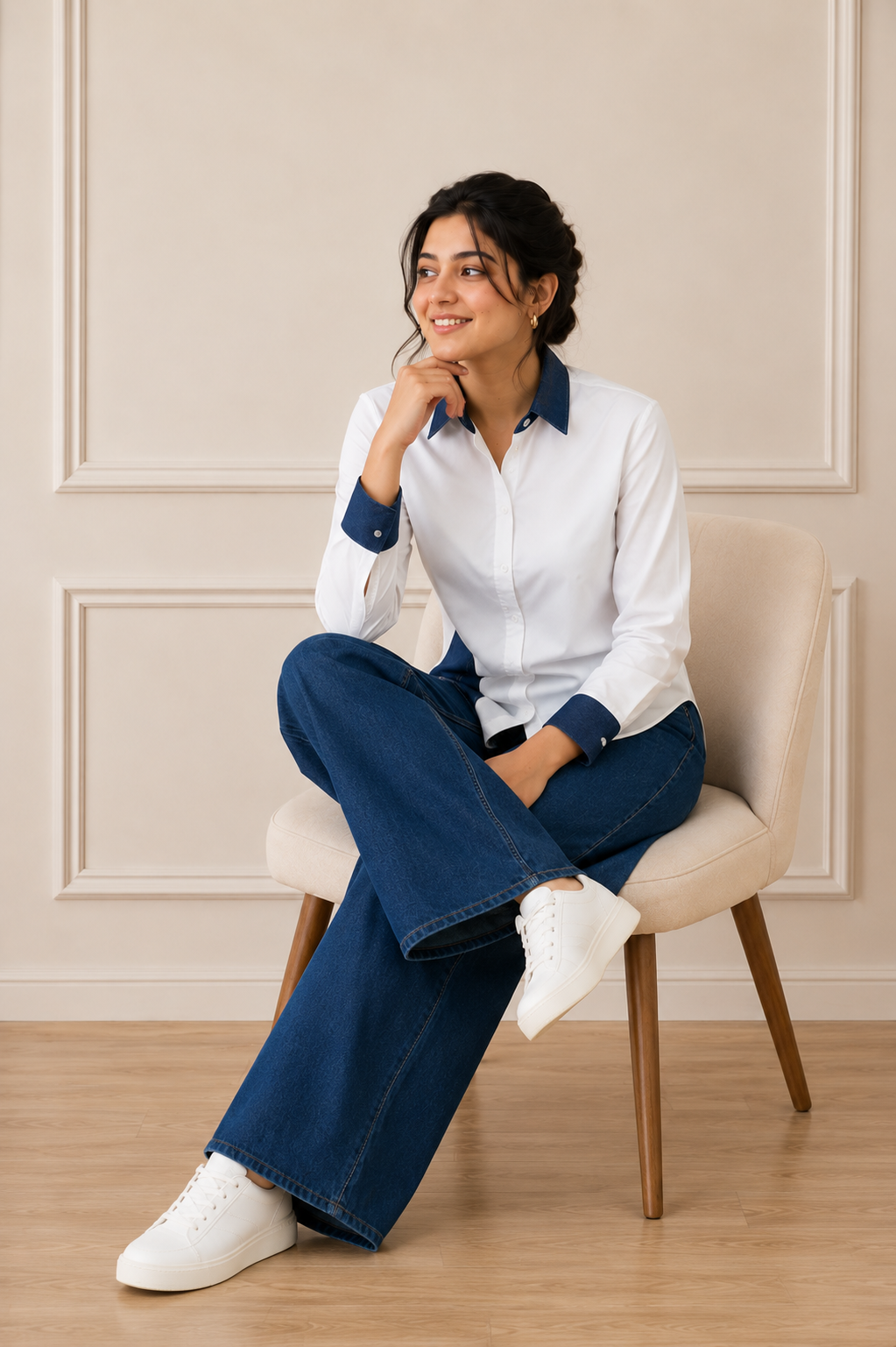 DENIM DETAIL WHITE SHIRT