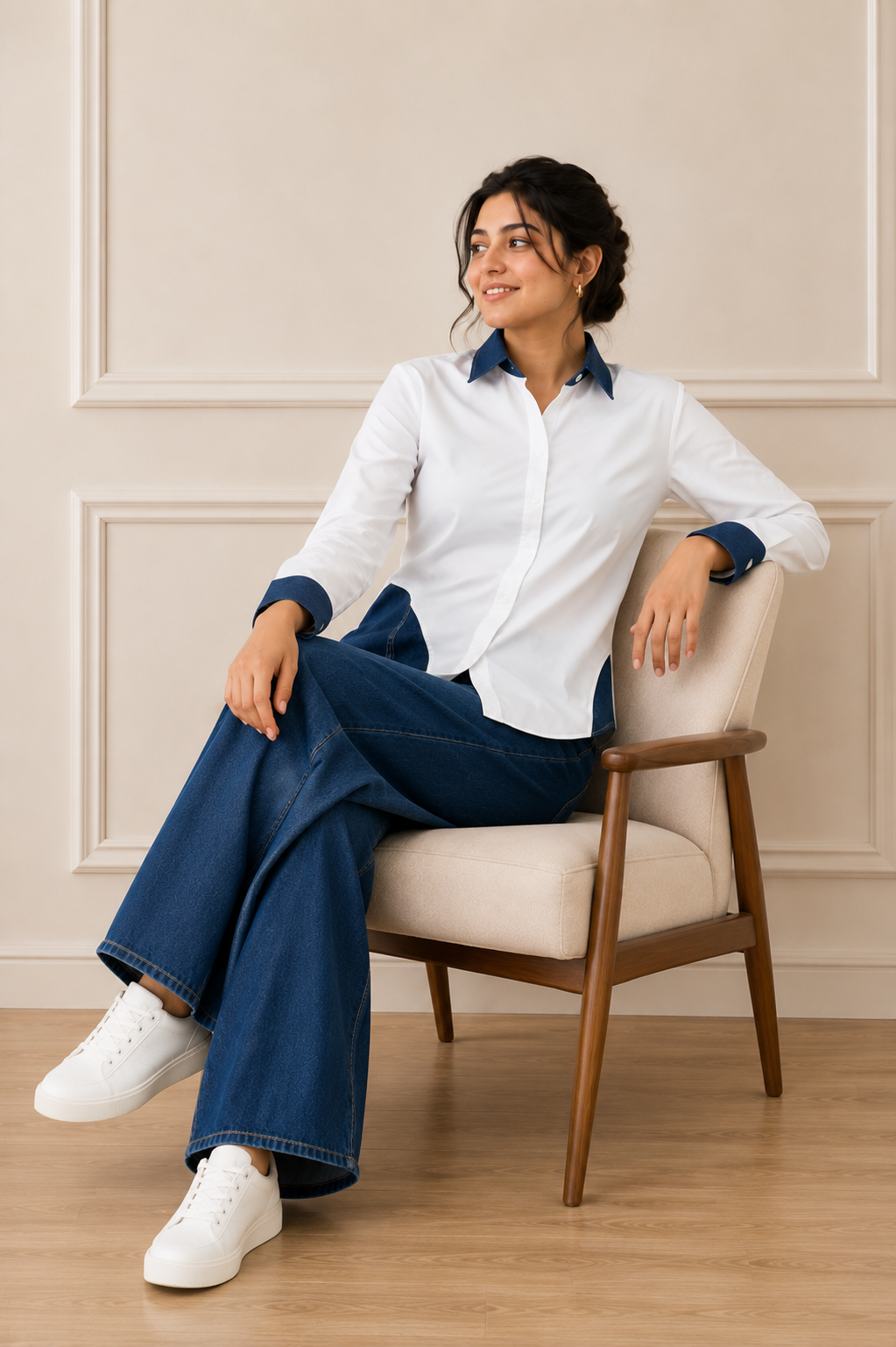 DENIM DETAIL WHITE SHIRT