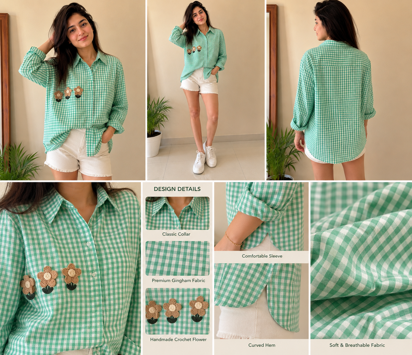 GREEN CHECK  FLOWER SHIRT